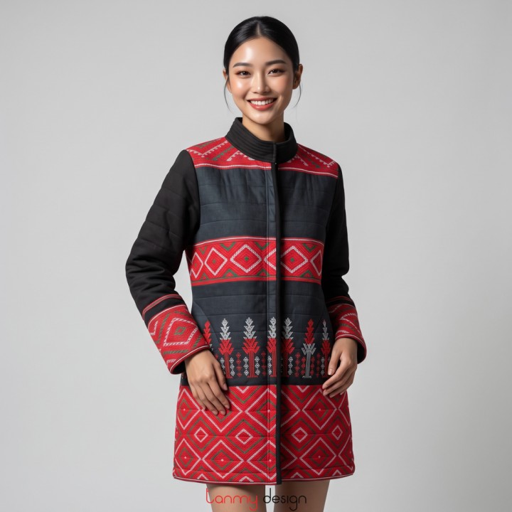 Long red-and-black zip-up coat